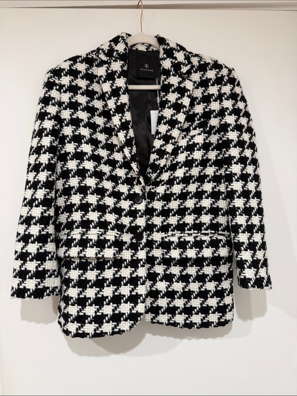 Anine Bing Black & White Houndstooth Wool Blend Blazer